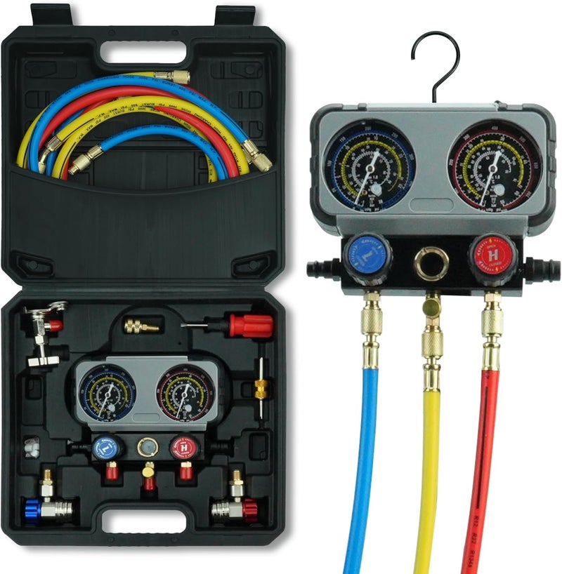 CALPOSE 3 Way AC Gauge Set，HVAC Gauges for R134a R410a R12 R22 R502 Refrigerant，Refrigerant Gauge Kit with 5FT Hoses，Anti-Collision Dial，R410a Adapter，Puncturing Can Tap - Image 1